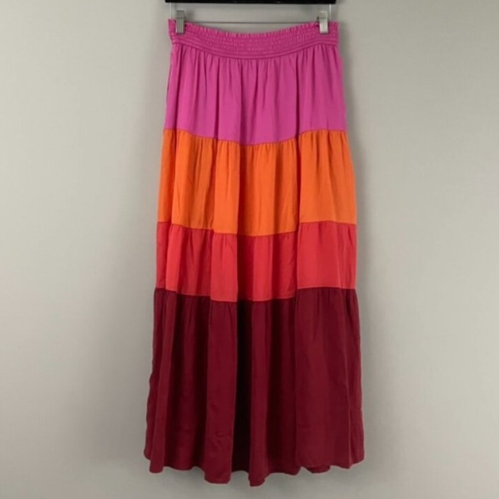 MARINE LAYER Colorblock Tiered Midi Slit Skirt In Fuschia Orange Red Pink Small - Picture 7 of 12